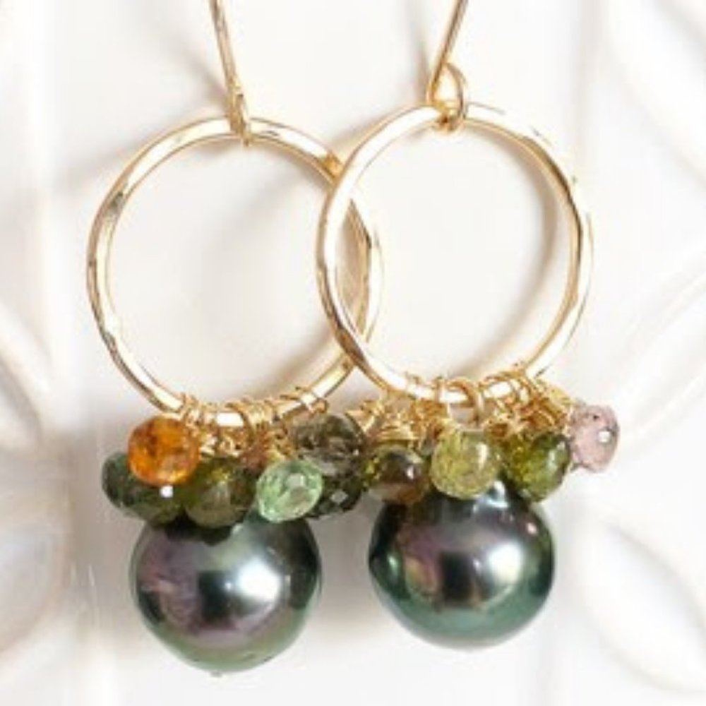 Handmade Tahitian Pearl and Tourmaline Cluster Earrings